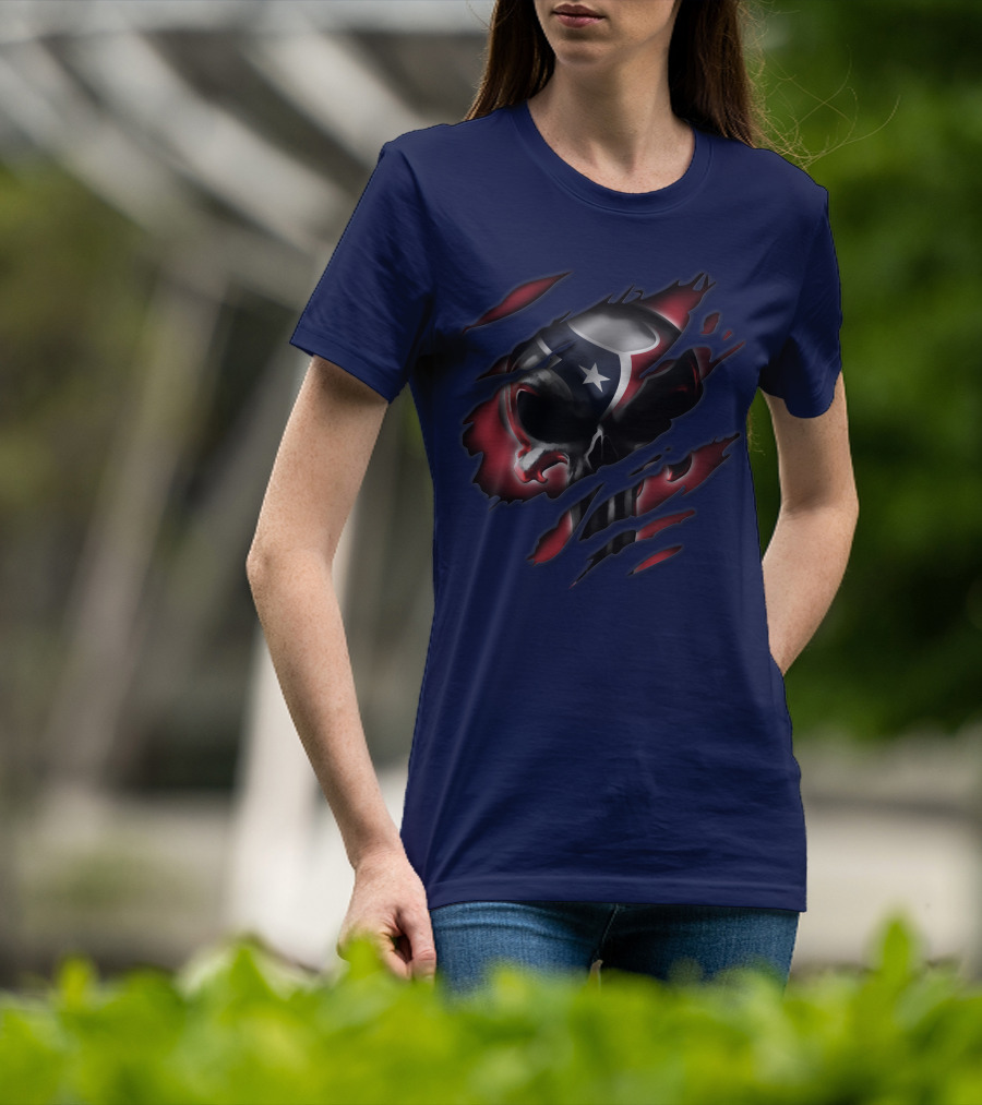 Houston Texans 68 Skull Logo Ripped T-Shirt
