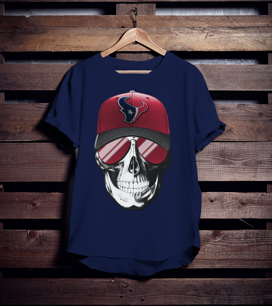 Skull With Houston Texans Logo Hat And Reflective Sunglasses T-Shirt