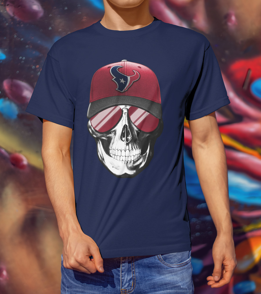 Skull With Houston Texans Logo Hat And Reflective Sunglasses T-Shirt