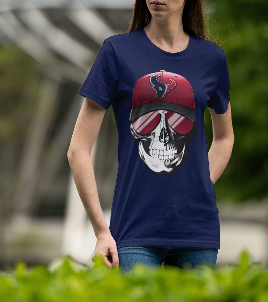 Skull With Houston Texans Logo Hat And Reflective Sunglasses T-Shirt