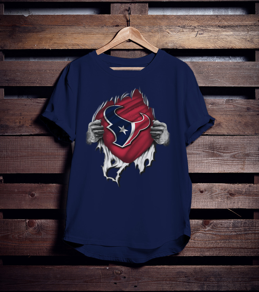 Torn Houston Texans Emblem Revealed Through Superhero Rip Effect T-Shirt