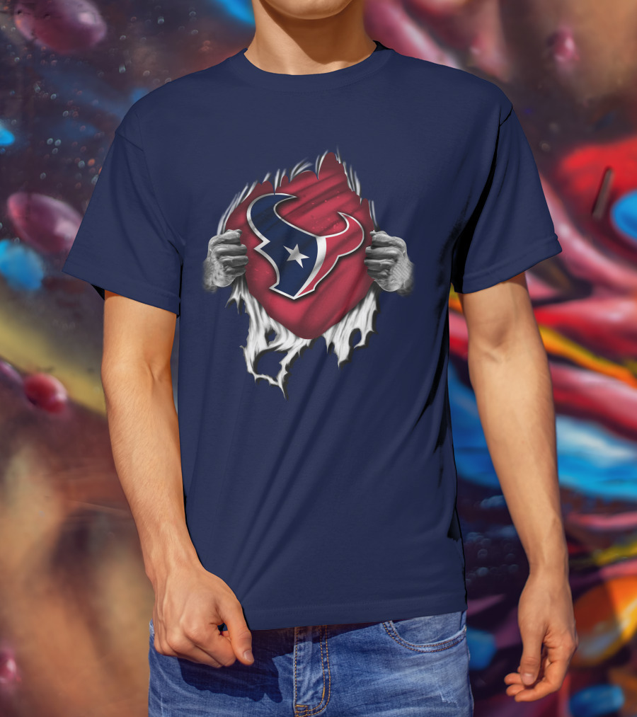 Torn Houston Texans Emblem Revealed Through Superhero Rip Effect T-Shirt