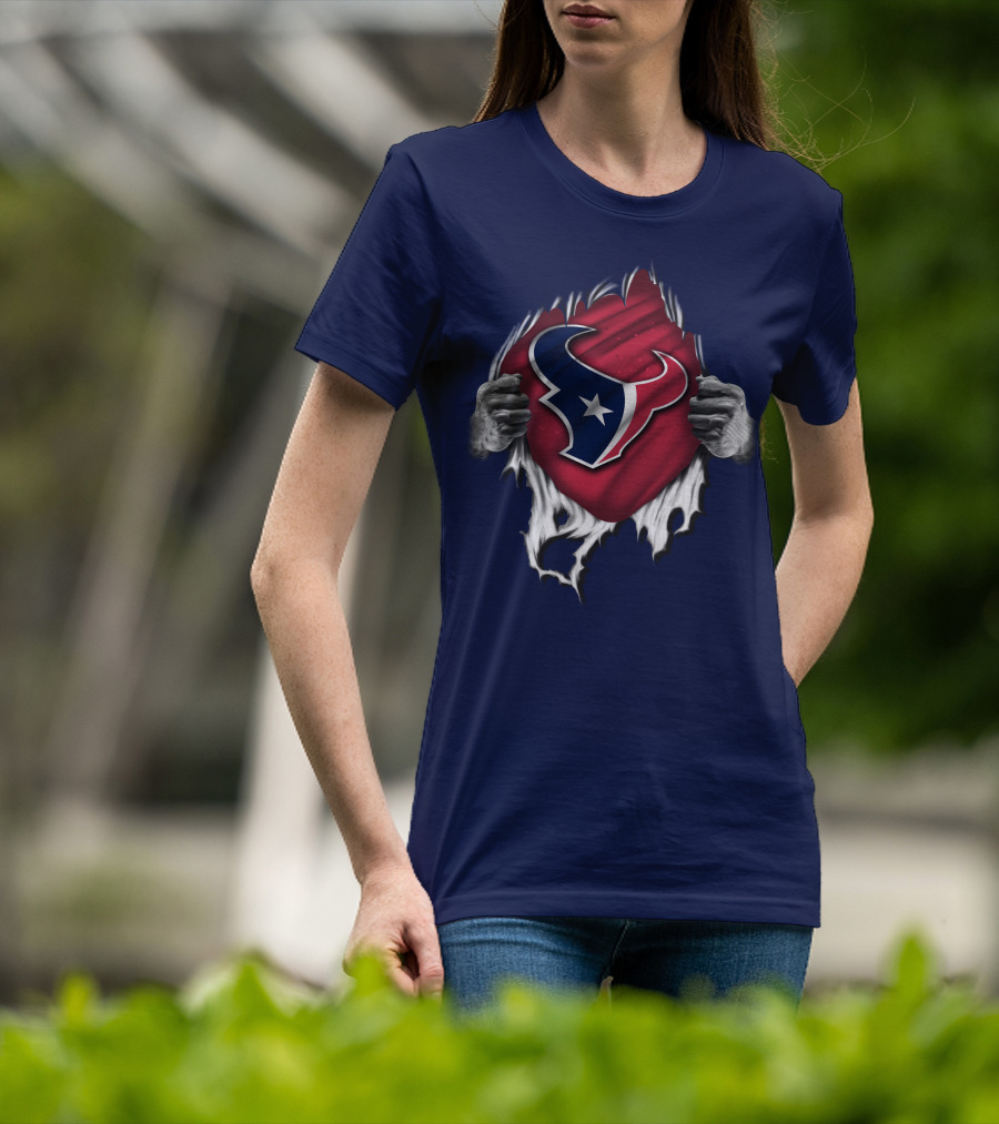 Torn Houston Texans Emblem Revealed Through Superhero Rip Effect T-Shirt