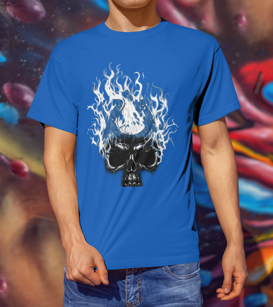 Indianapolis Colts 04 Skull With Horseshoe And Flames T-Shirt