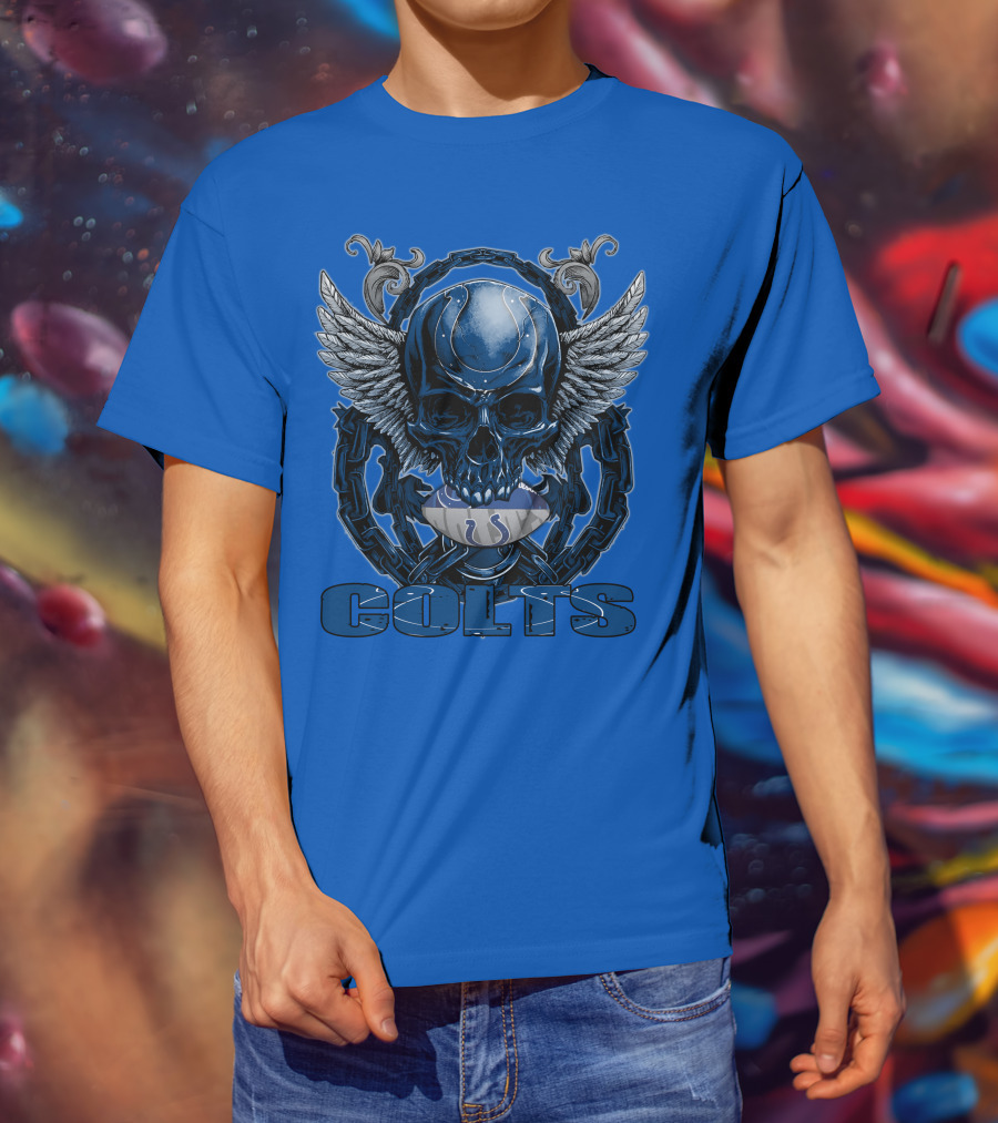 Colts Skullfb Winged Blue Skull Design For Indianapolis Colts Fans T-Shirt