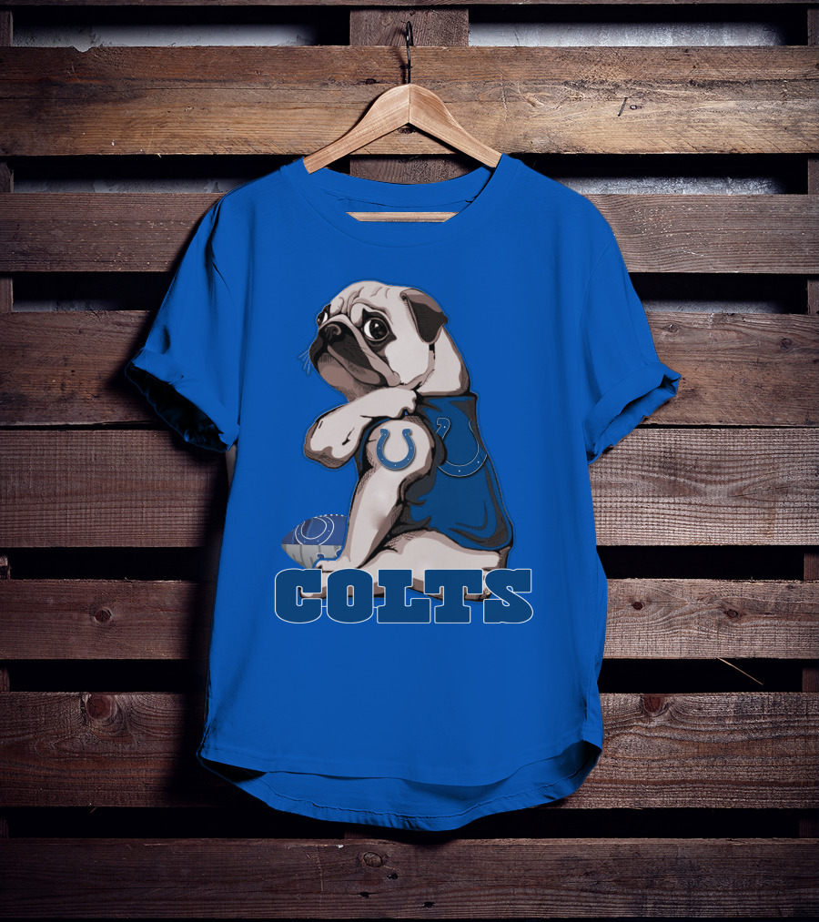 Pug Colts Fan With Blue Football Gear T-Shirt