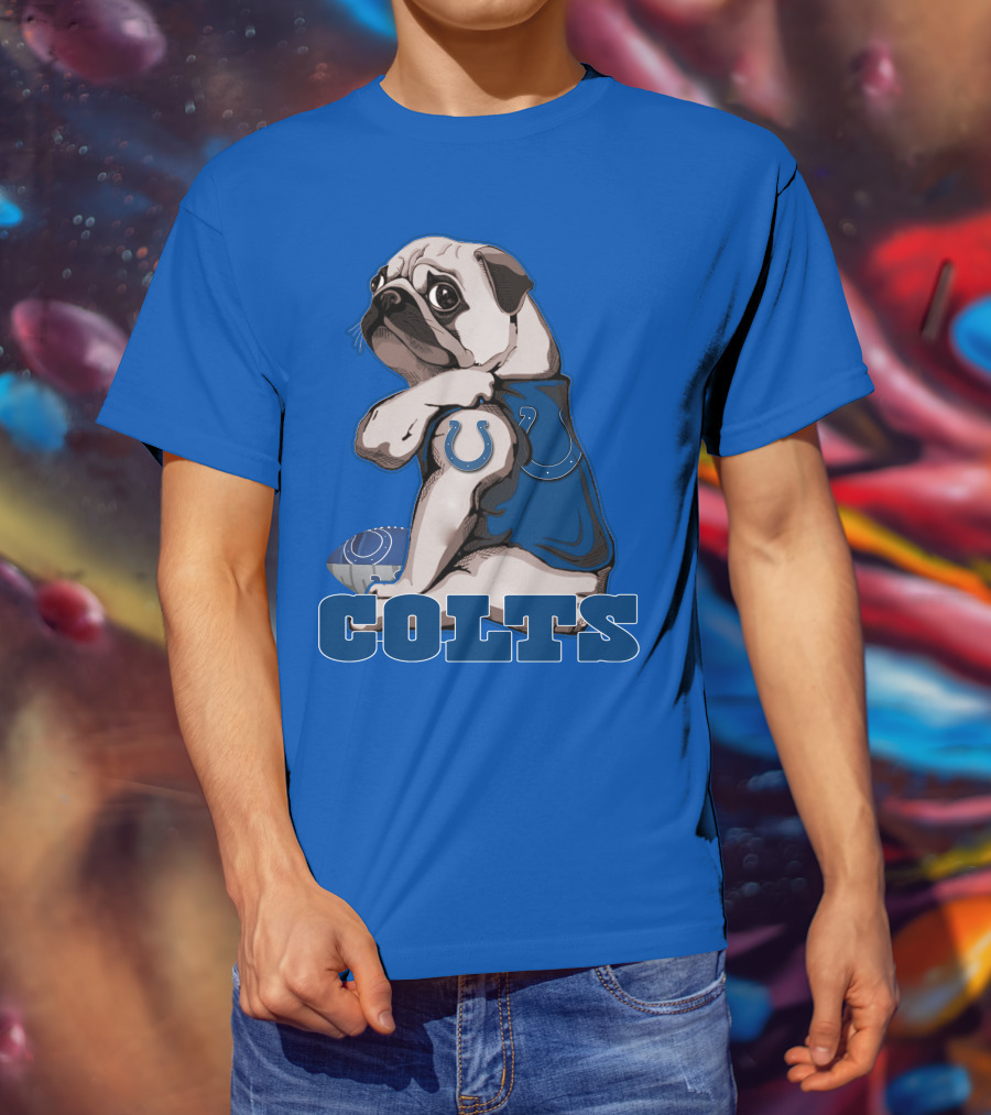 Pug Colts Fan With Blue Football Gear T-Shirt