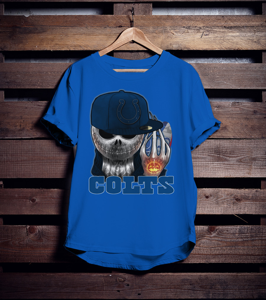 Colts Halloween Skull With Indianapolis Blue And Jack O'lantern Hand T-Shirt