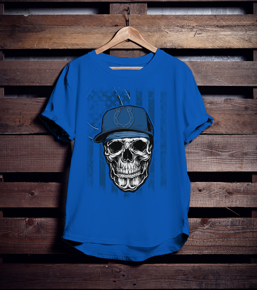 Skull Indianapolis Colts Blue Cap American Flag Background T-Shirt