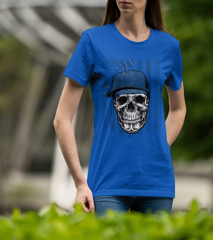 Skull Indianapolis Colts Blue Cap American Flag Background T-Shirt