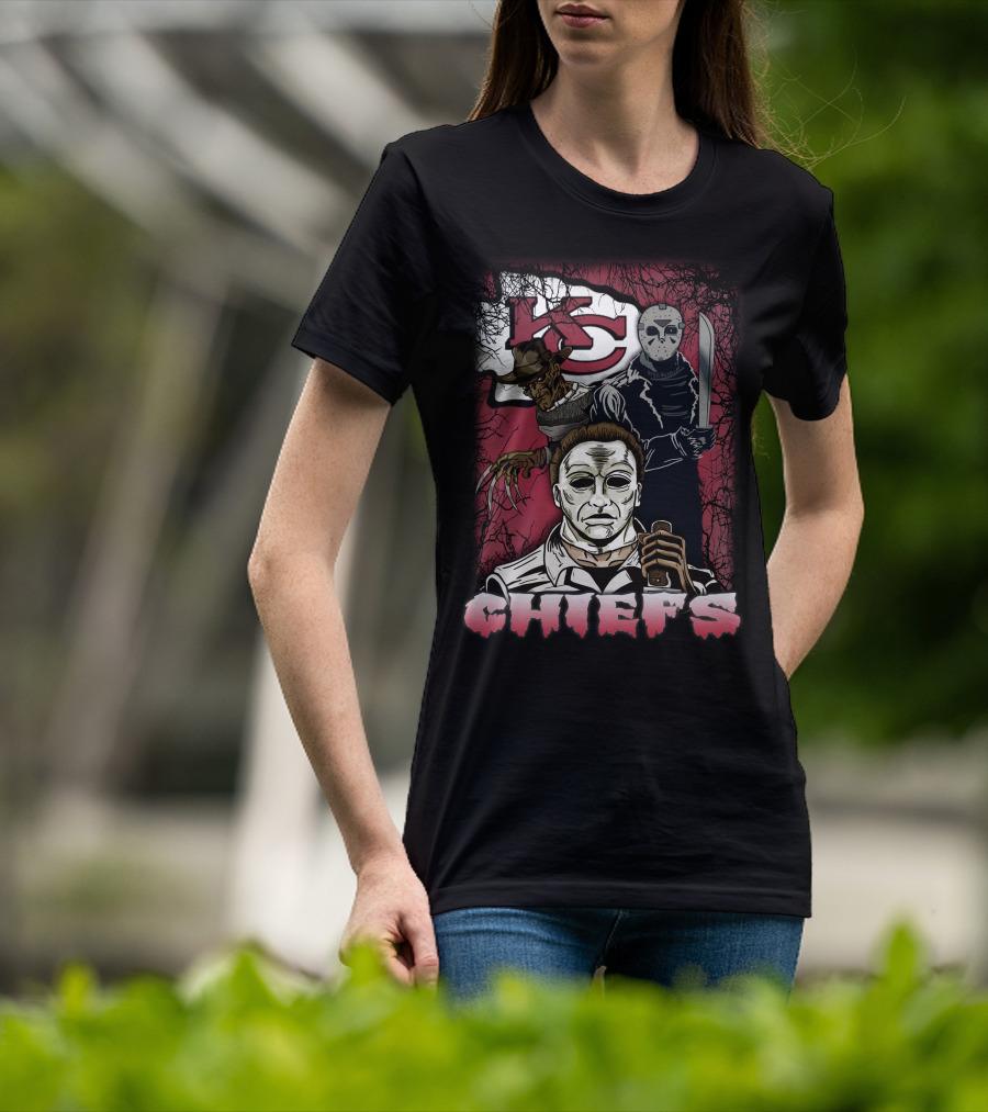 Kc Chiefs Horror Movie Crossover Featuring Iconic Villains T-Shirt