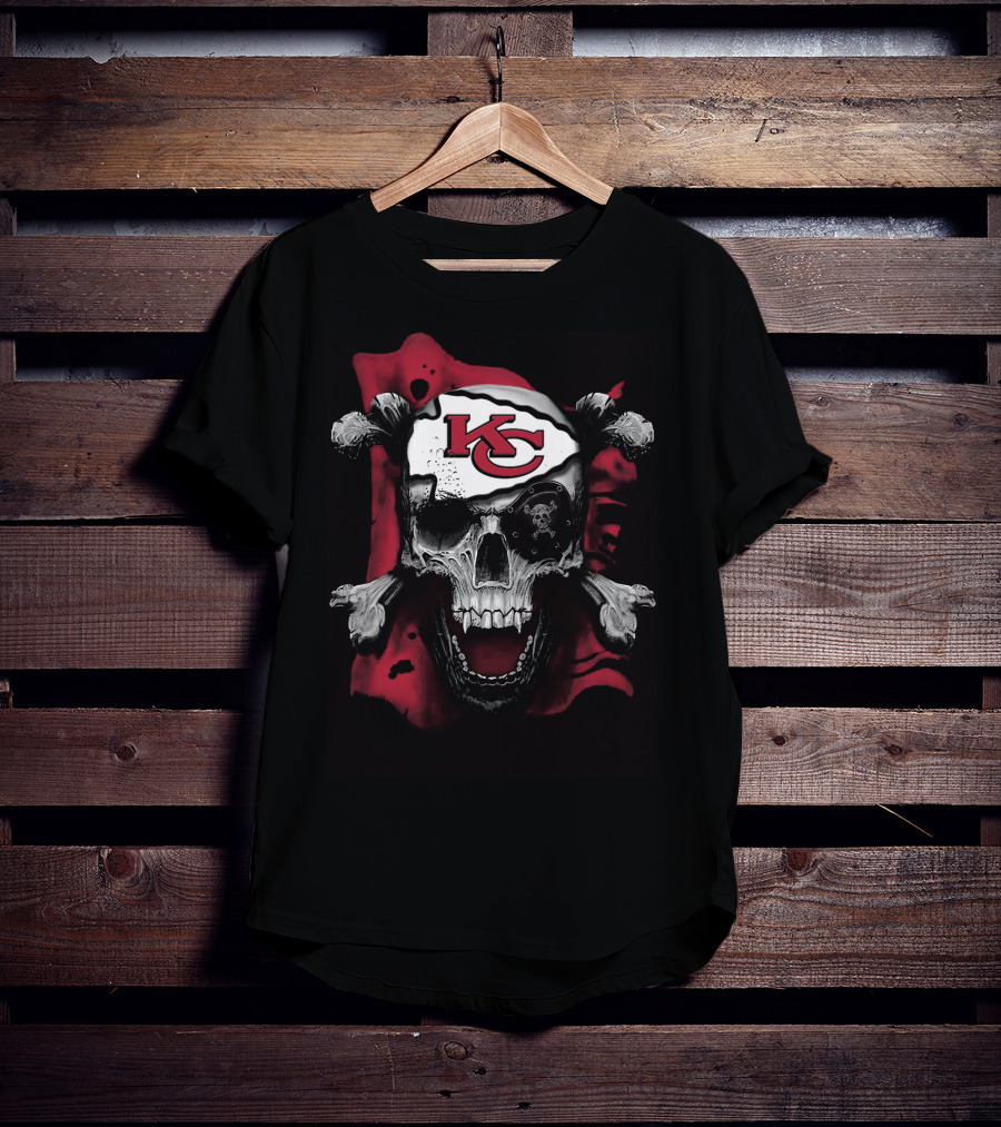 Skull And Crossbones With Kansas City Chiefs Logo T-Shirt