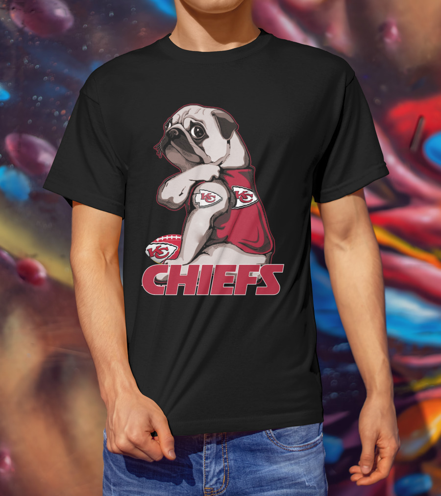 Pug Wearing Kansas City Chiefs Jersey With Football T-Shirt