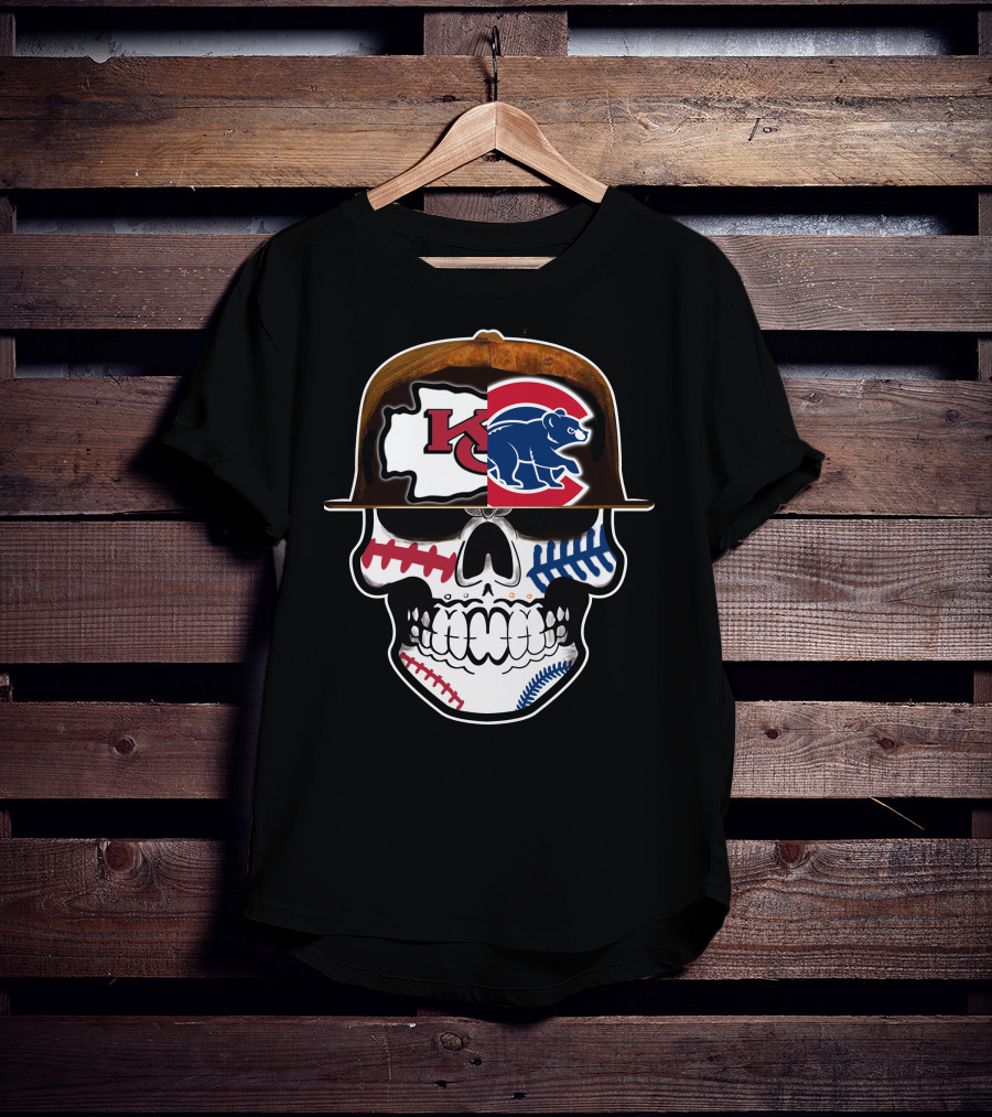 Kansas City Chiefs Chicago Cubs Skull Baseball Football Fusion T-Shirt