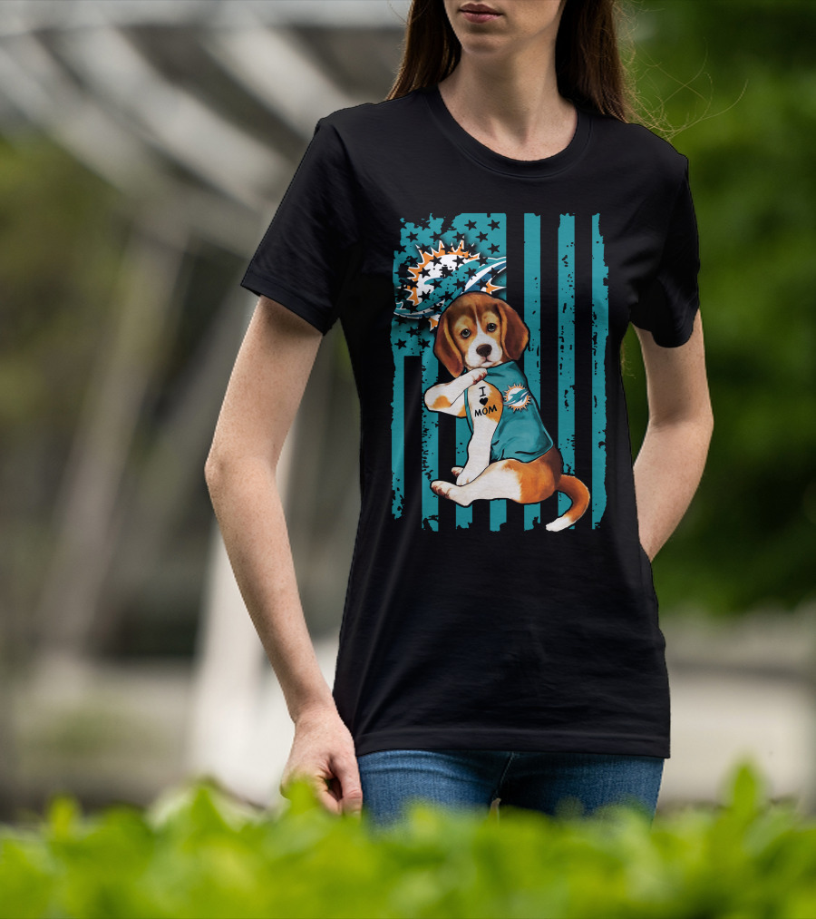 Beagle I Love Mom Miami Dolphins Football Flag T-Shirt