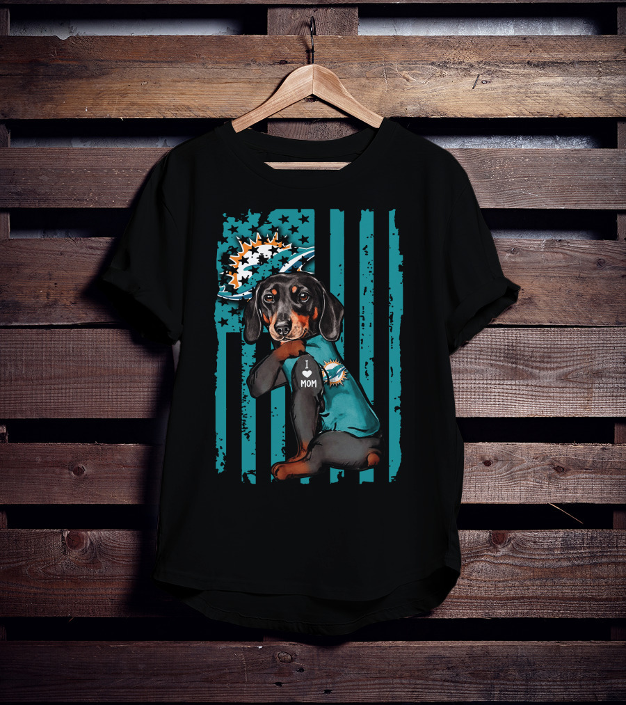 Dachshund I Love Mom Miami Dolphins Nfl Team Fan Dog And Flag T-Shirt