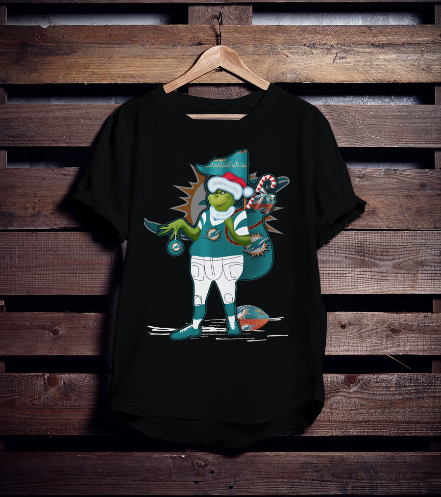 Grinchxmas Miami Dolphins Holiday Grinch With Football And Ornament Santa Hat T-Shirt