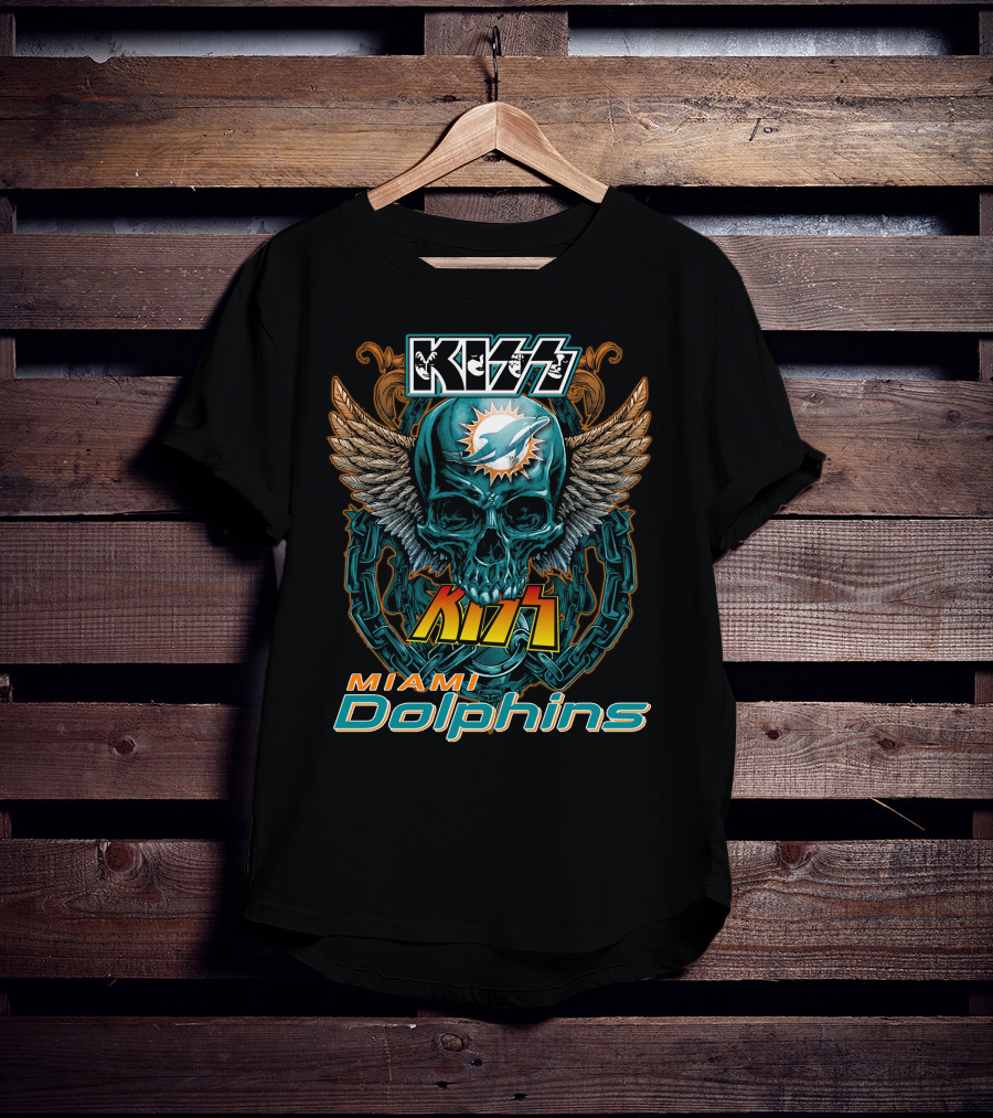 Kiss Miami Dolphins Skull Art With Wings And Chains T-Shirt