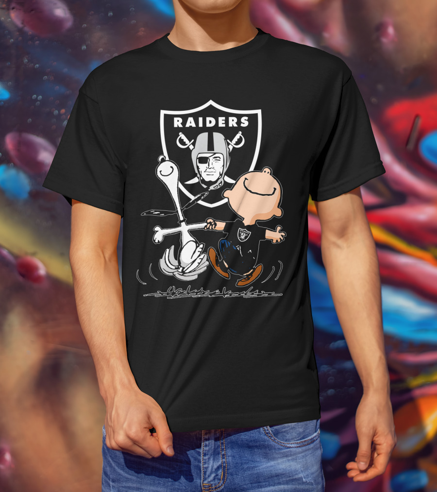Snoopy And Charlie Brown Dancing In Front Of Oakland Raiders T-Shirt