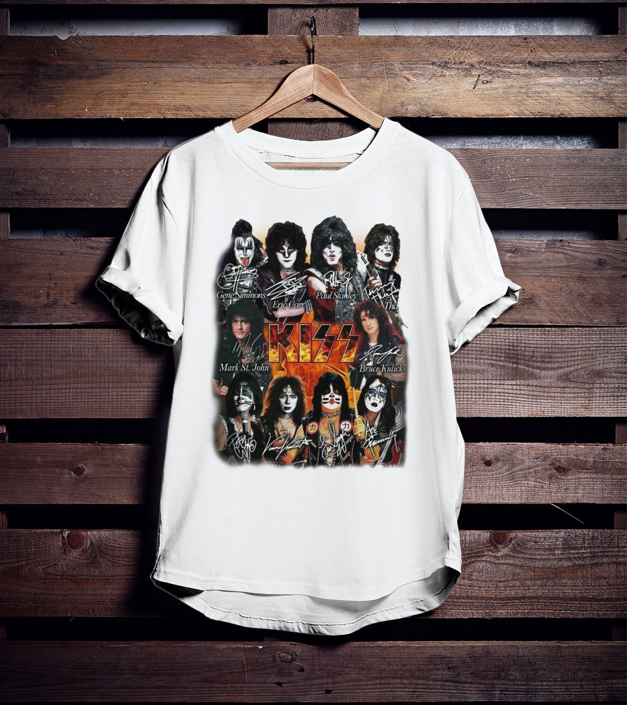 Kiss Band Members Gene Simmons Paul Stanley Peter Criss Ace Frehley Eric Carr Vinnie Vincent Mark St. John Bruce Kulick Eric Singer Thayer Signatures T-Shirt
