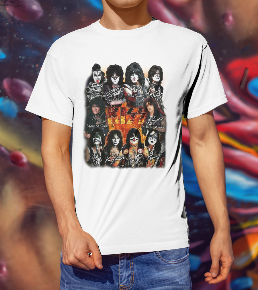 Kiss Band Members Gene Simmons Paul Stanley Peter Criss Ace Frehley Eric Carr Vinnie Vincent Mark St. John Bruce Kulick Eric Singer Thayer Signatures T-Shirt
