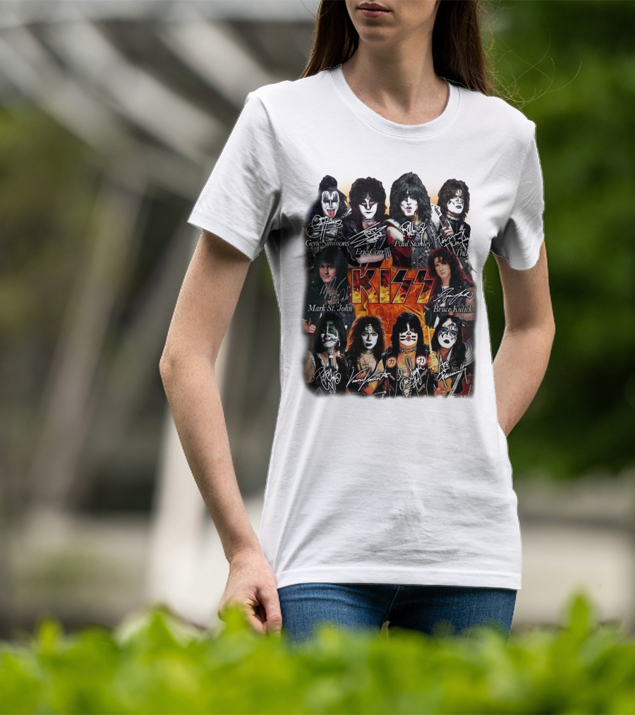 Kiss Band Members Gene Simmons Paul Stanley Peter Criss Ace Frehley Eric Carr Vinnie Vincent Mark St. John Bruce Kulick Eric Singer Thayer Signatures T-Shirt