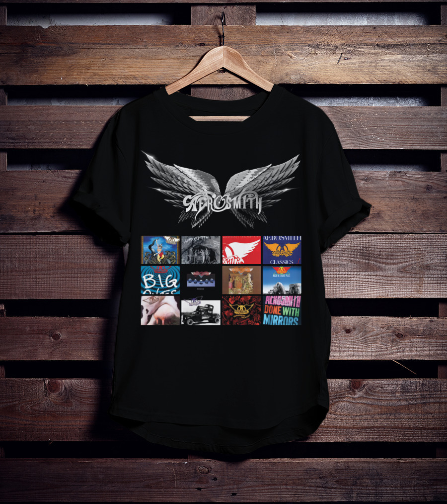 Aerosmith Wings Logo With Album Covers Collection Classics Big Ones Permanent Vacation Pump Done With Mirrors T-Shirt
