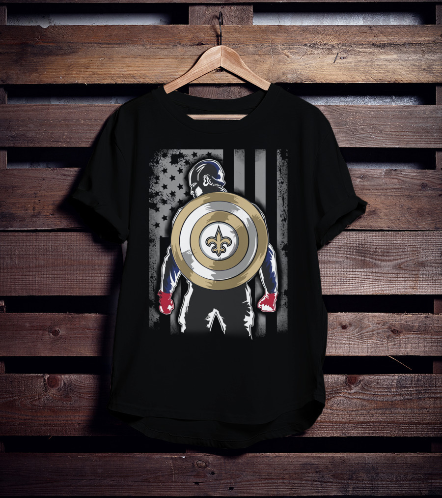 New Orleans Saints Captain America Shield Fleur-de-Lis American Flag Hero T-Shirt