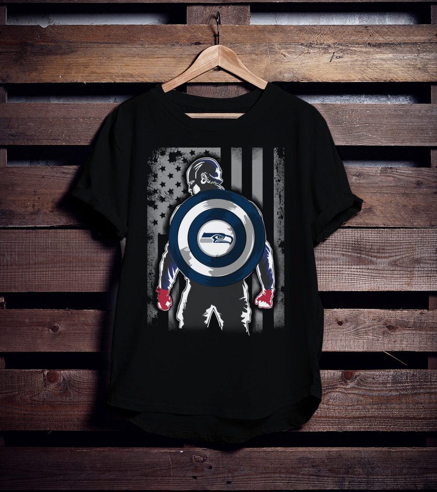 Seattle Seahawks Captain America Shield Stars And Stripes Flag T-Shirt