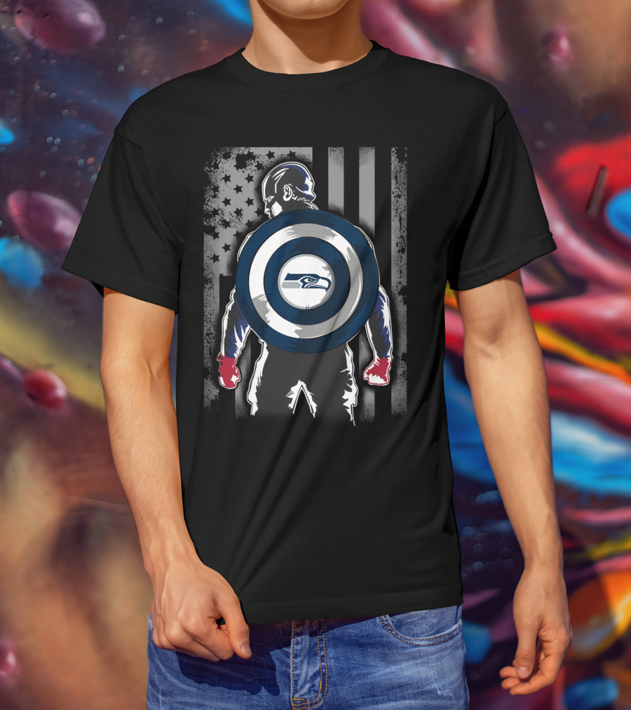 Seattle Seahawks Captain America Shield Stars And Stripes Flag T-Shirt