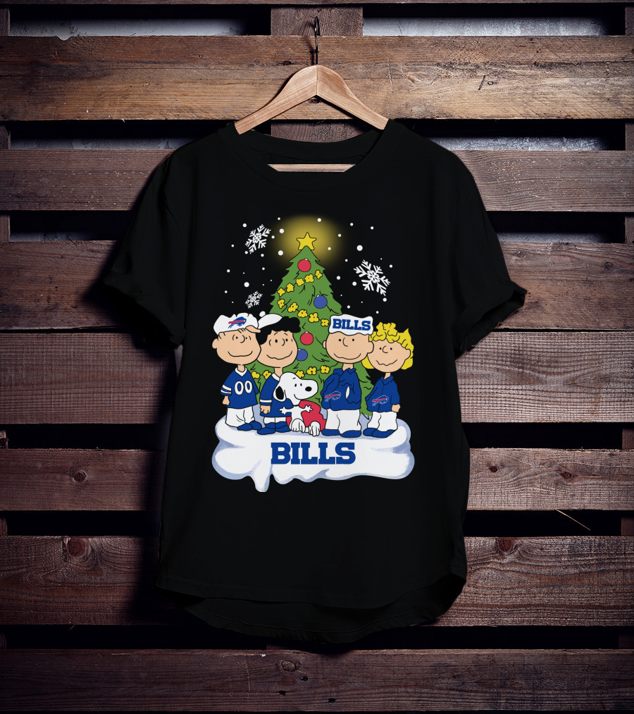 Snoopy And Peanuts Characters Celebrating With Buffalo Bills Christmas Tree T-Shirt