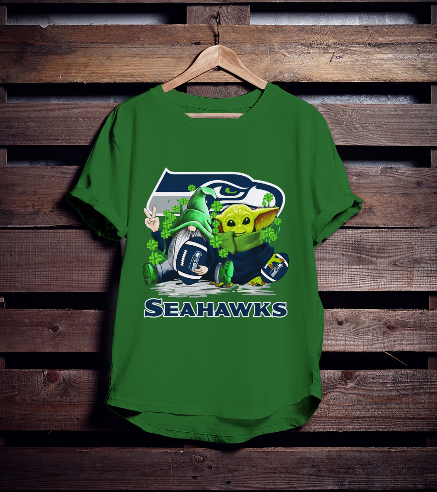 Seattle Seahawks St. Patrick's Day Gnome And Baby Yoda Football T-Shirt