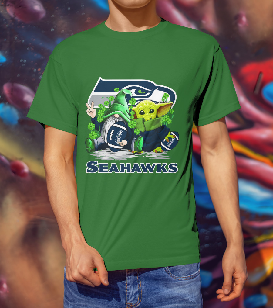 Seattle Seahawks St. Patrick's Day Gnome And Baby Yoda Football T-Shirt
