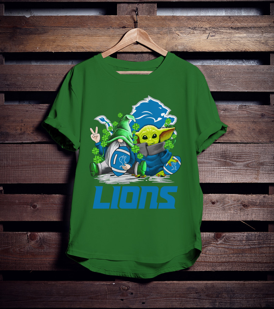 Detroit Lions St. Patrick's Day Gnome And Yoda Football T-Shirt