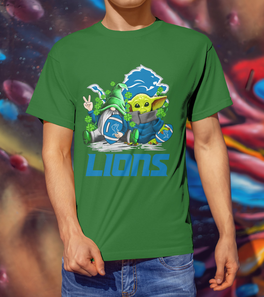 Detroit Lions St. Patrick's Day Gnome And Yoda Football T-Shirt