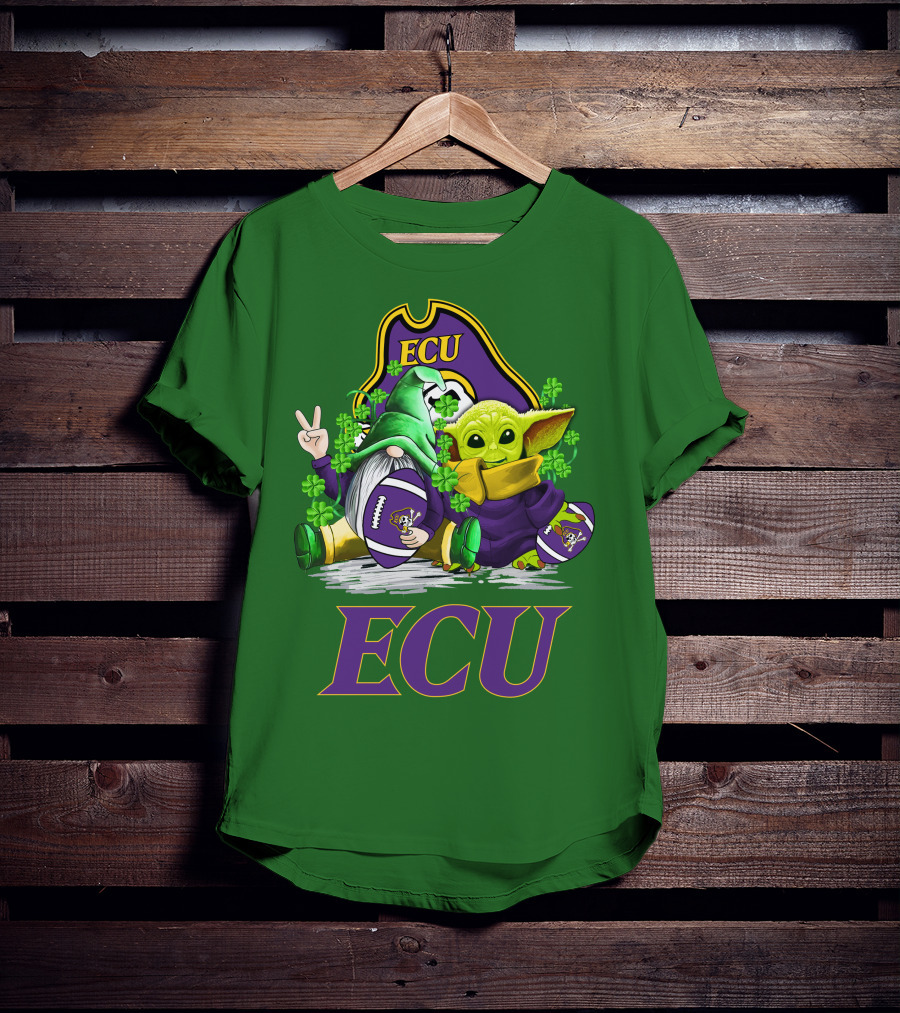ECU East Carolina Pirates Football St. Patrick's Day Celebration With Gnome And Baby Alien T-Shirt
