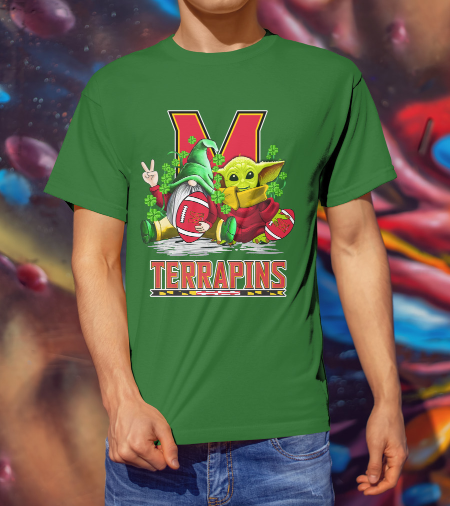 Maryland Terrapins Football St. Patrick's Day Gnome And Baby Yoda T-Shirt