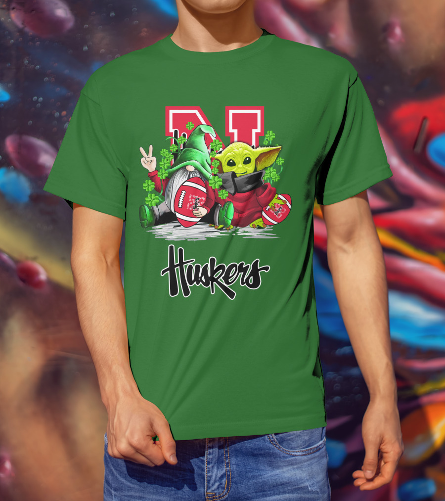 Huskers Nebraska Cornhuskers Football Saint Patrick's Day Green Character Football Image T-Shirt