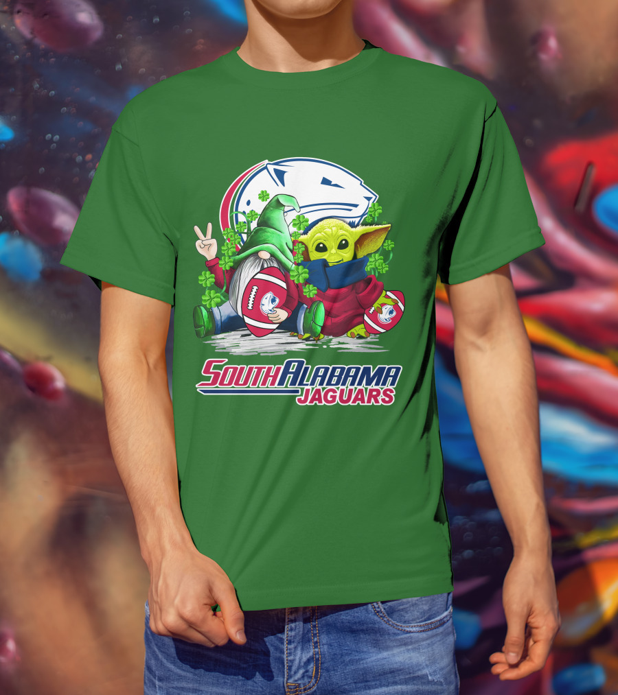 South Alabama Jaguars Football St. Patrick's Day Gnome And Baby Alien With Shamrocks T-Shirt