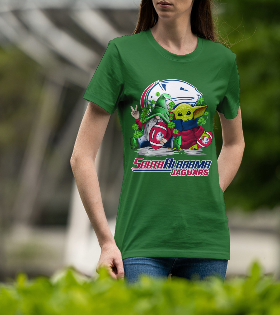 South Alabama Jaguars Football St. Patrick's Day Gnome And Baby Alien With Shamrocks T-Shirt