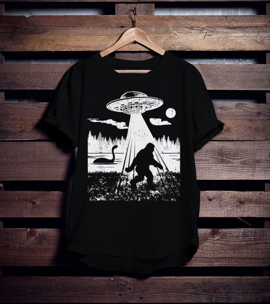 Bigfoot Abduction By UFO With Lake Monster And Full Moon T-Shirt