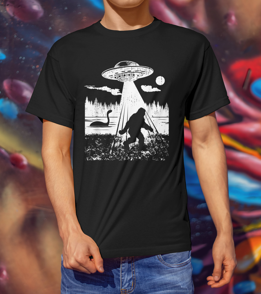 Bigfoot Abduction By UFO With Lake Monster And Full Moon T-Shirt