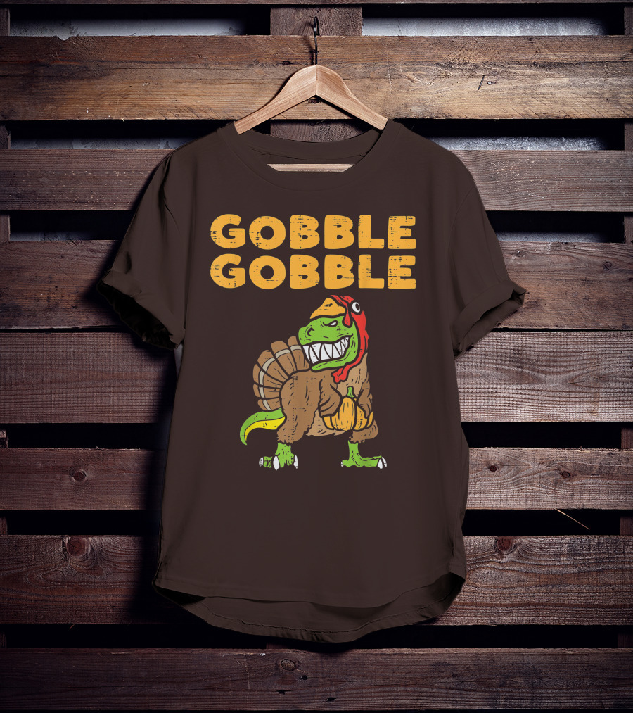 Gobble Gobble T-Rex Dinosaur Turkey Holding Pumpkin T-Shirt