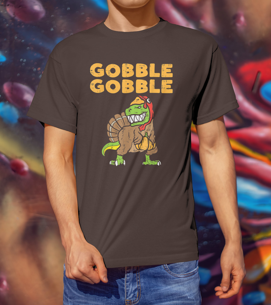 Gobble Gobble T-Rex Dinosaur Turkey Holding Pumpkin T-Shirt