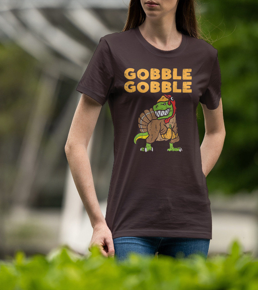 Gobble Gobble T-Rex Dinosaur Turkey Holding Pumpkin T-Shirt
