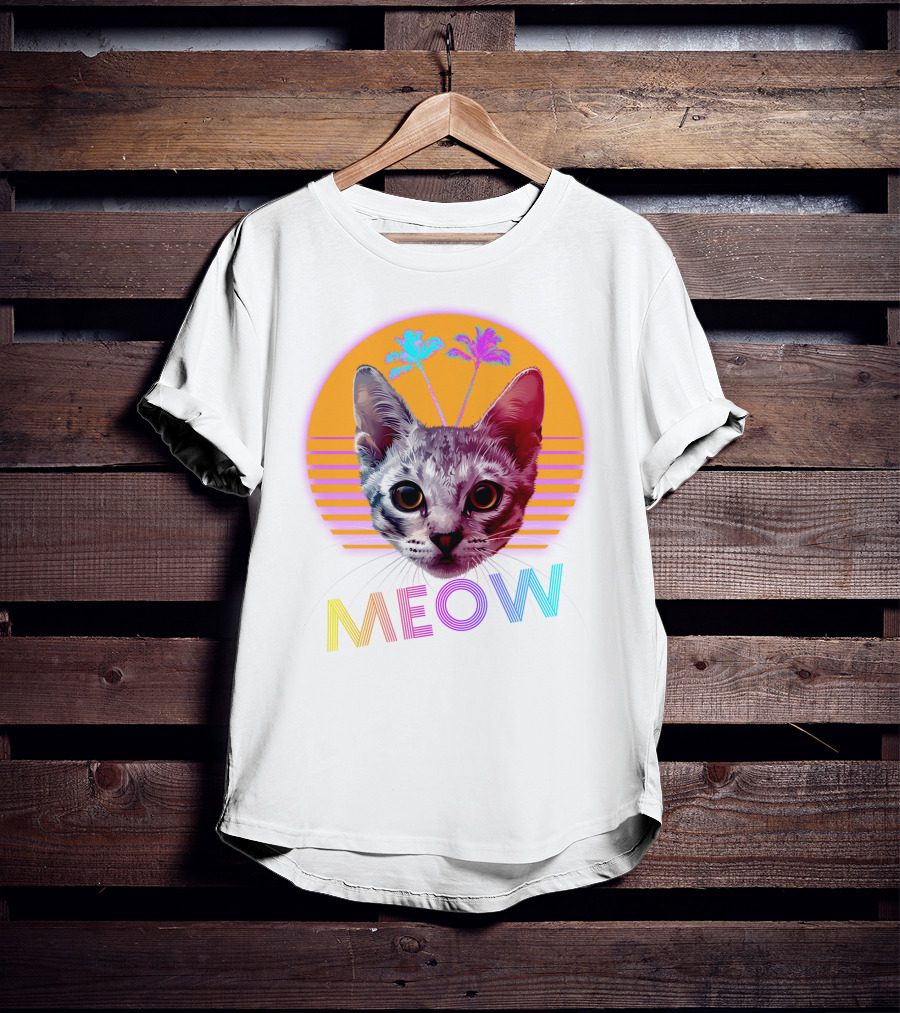 Retro Meow Cat With Palm Trees And Sunset Stripes T-Shirt