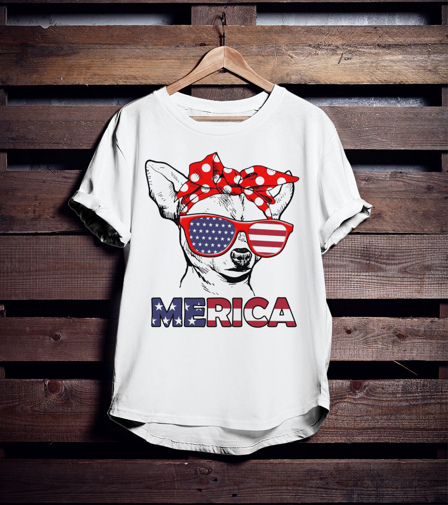Chihuahua Merica USA Patriotic Glasses And Bandana T-Shirt