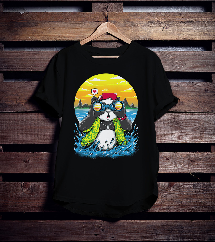 Summer Panda Beach Adventure With Binoculars And Heart T-Shirt
