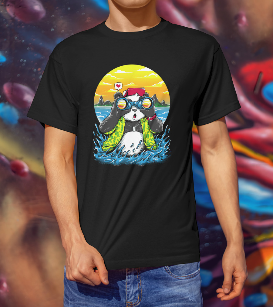 Summer Panda Beach Adventure With Binoculars And Heart T-Shirt