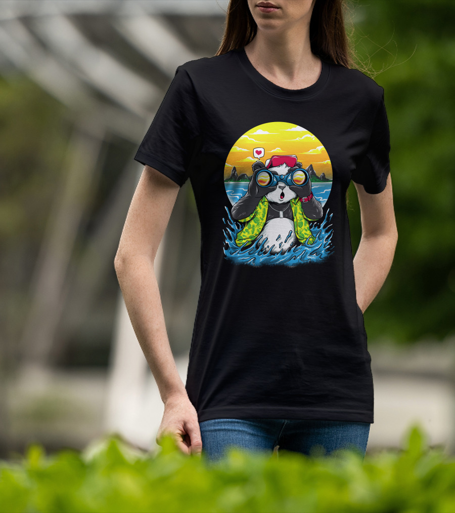 Summer Panda Beach Adventure With Binoculars And Heart T-Shirt